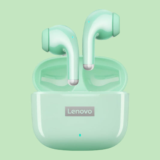 Green Lenovo wireless earbuds in charging case on a white background