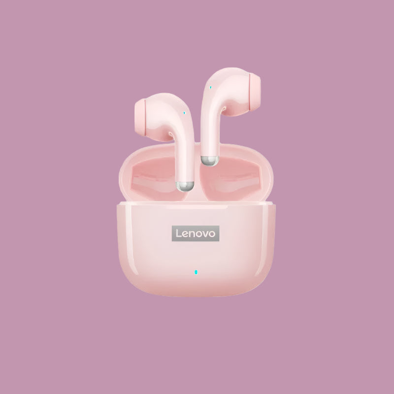 Pink wireless earbuds with charging case on a beige background, featuring Lenovo branding.