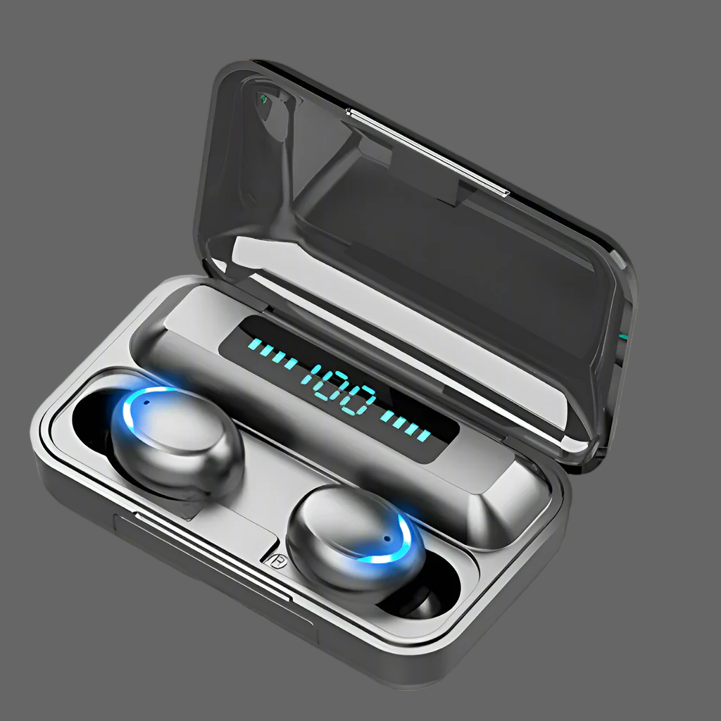 Wireless earbuds in a charging case with a digital display on a white background