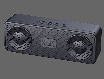 Black portable speaker with 'MUSIC' branding on a white background