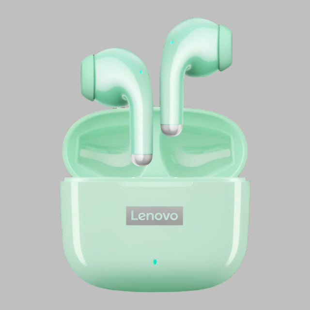 Green Lenovo wireless earbuds in charging case on a white background