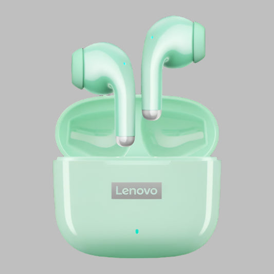 Green Lenovo wireless earbuds in charging case on a white background