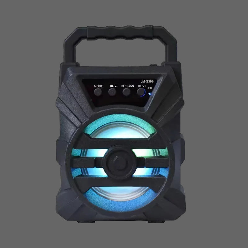 Black portable speaker with blue LED lights on a white background