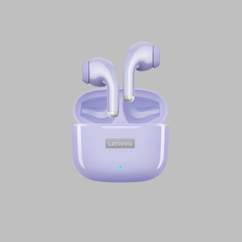 Purple Lenovo wireless earbuds with charging case on a beige background