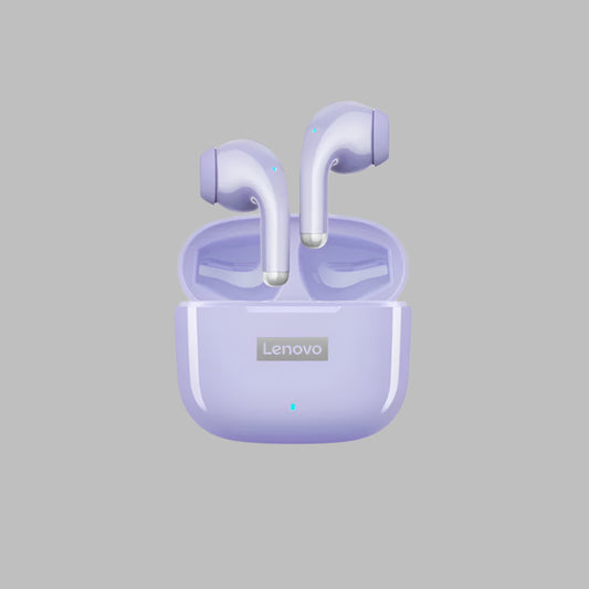 Purple Lenovo wireless earbuds with charging case on a beige background