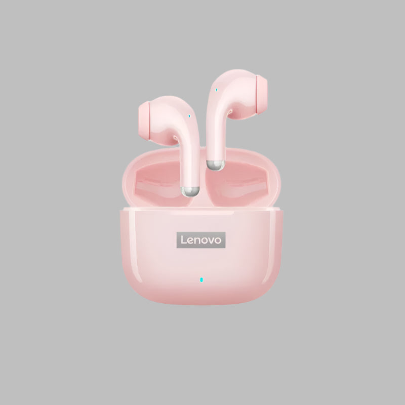 Pink wireless earbuds with charging case on a beige background, featuring Lenovo branding.
