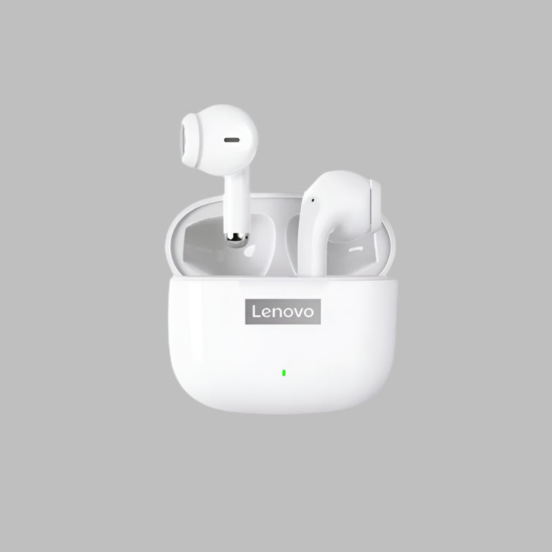 Lenovo wireless earbuds with charging case on a beige background