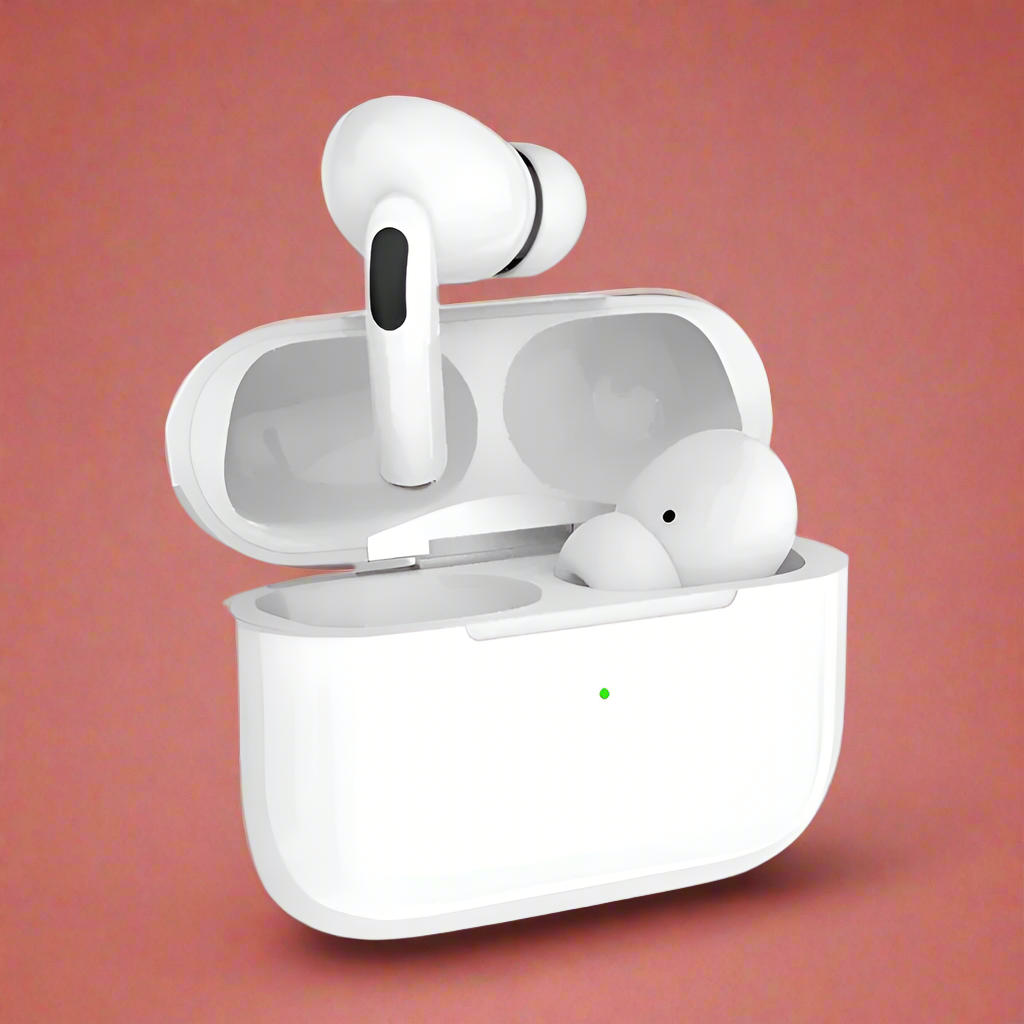 White wireless earbuds with charging case on a white background