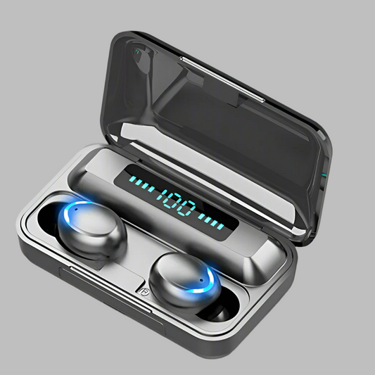 Wireless earbuds in a charging case with a digital display on a white background