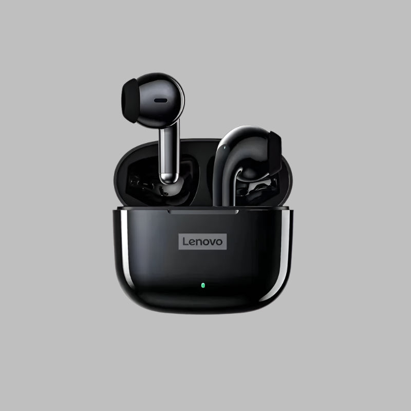 Black Lenovo wireless earbuds with charging case on a beige background