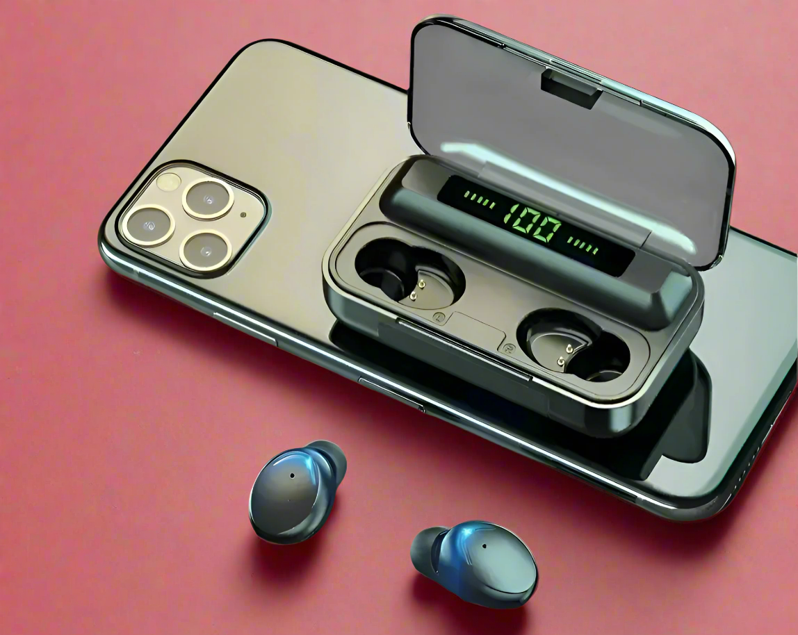 Wireless earbuds with charging case on a smartphone